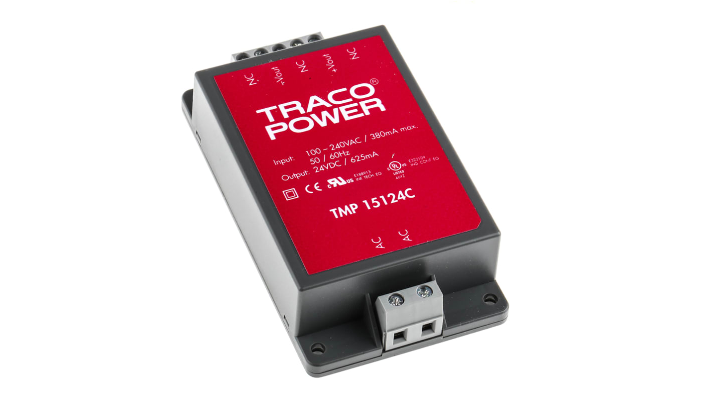 TRACOPOWER Switching Power Supply, TMP 15124C, 24V dc, 625mA, 15W, 1 Output, 120 → 370 V dc, 85 → 264 V