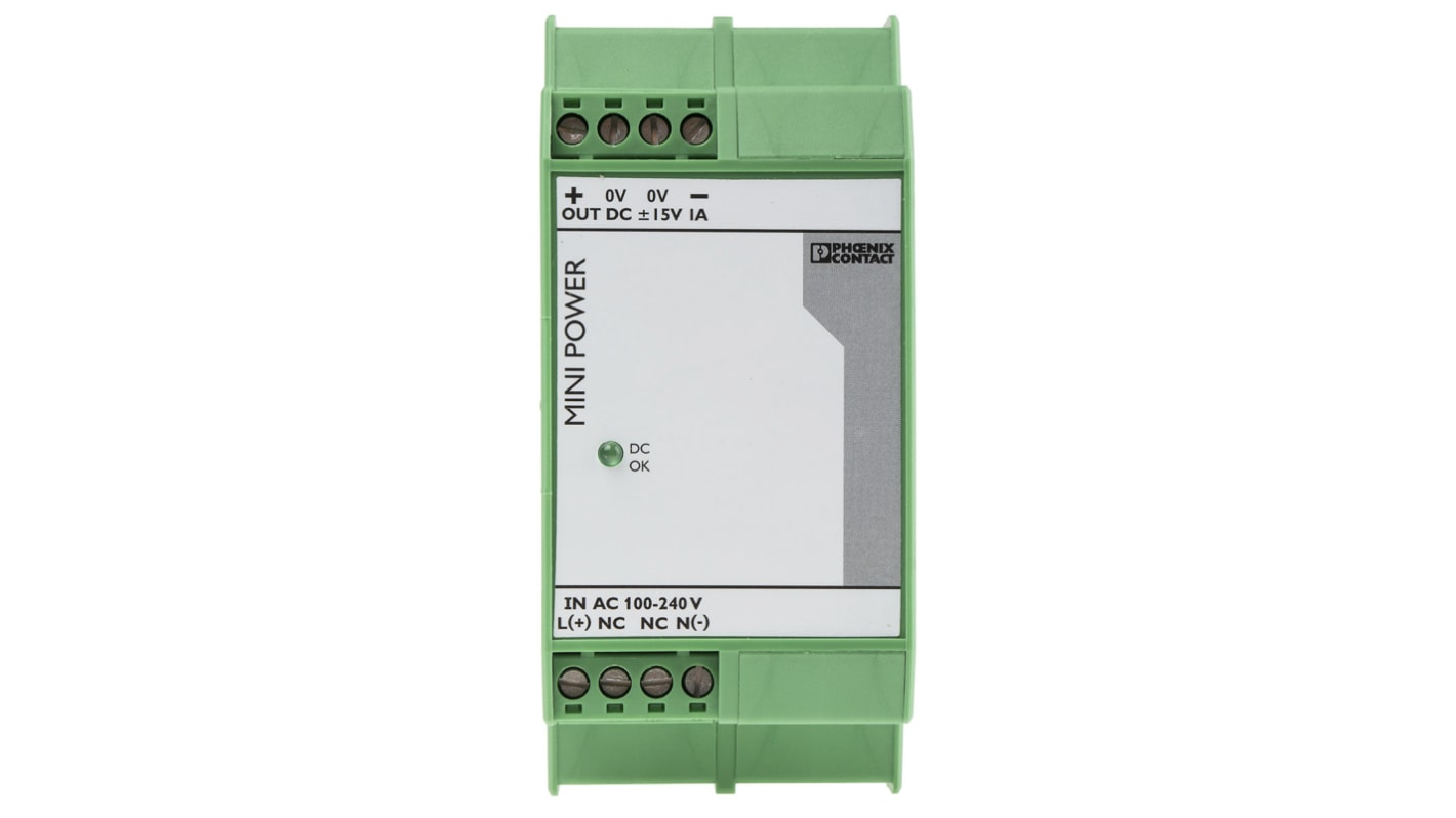 Phoenix Contact MINI-PS-100-240AC/2x15DC/1 Switch Mode DIN Rail Power Supply, 85 → 264V ac ac Input, 15V dc dc