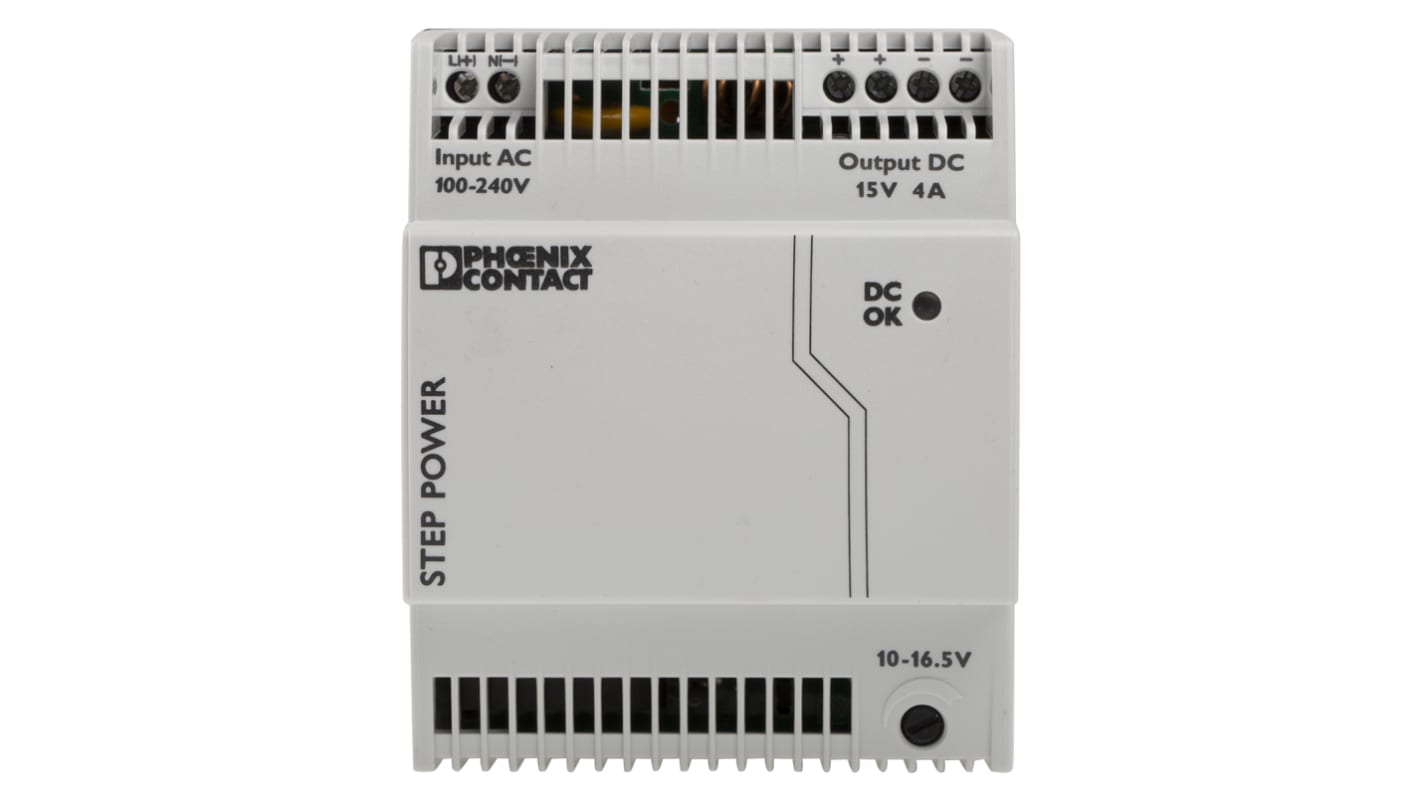 Phoenix Contact STEP-PS/1AC/15DC/4 Switched Mode DIN Rail Power Supply, 85 → 264V ac ac Input, 15V dc dc Output,