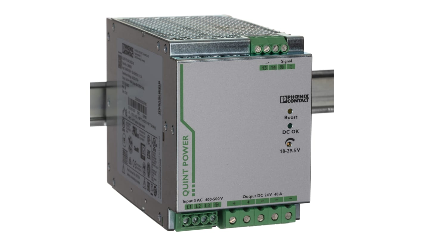 Phoenix Contact QUINT-PS/3AC/24DC/40 Switched Mode DIN Rail Power Supply, 400V ac ac Input, 24V dc dc Output, 40A