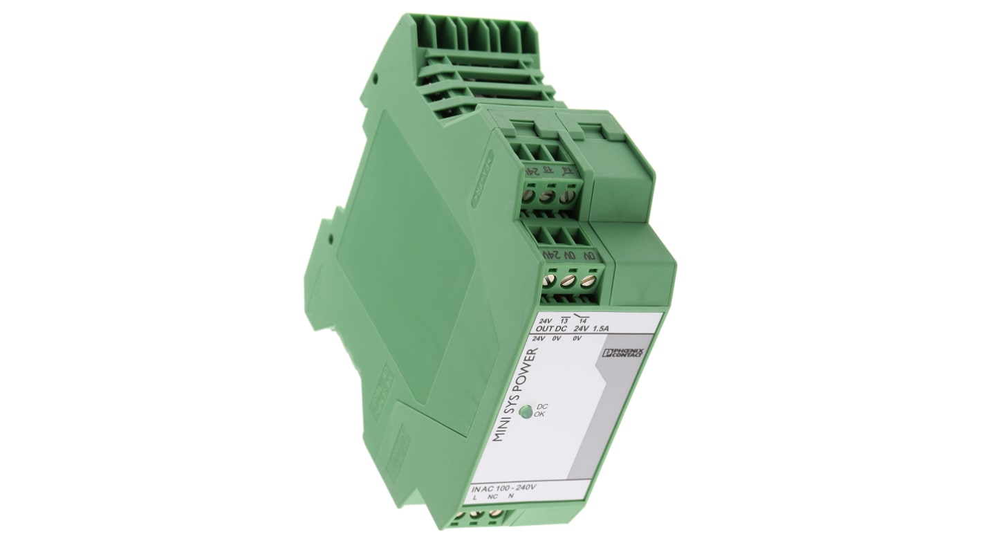 Phoenix Contact MINI-SYS-PS-100-240AC/24DC/1.5 Switch Mode DIN Rail Power Supply, 85 → 264V ac ac Input, 24V dc