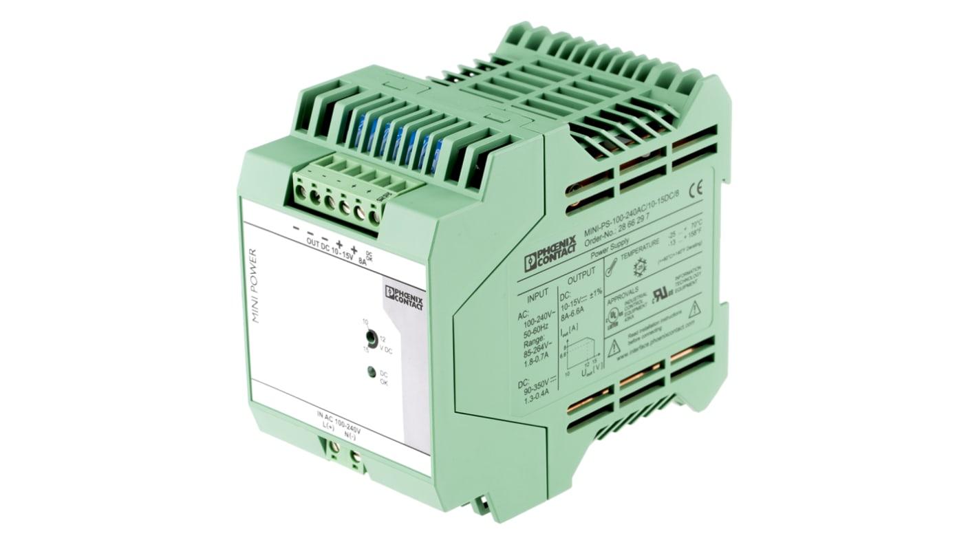 Phoenix Contact MINI-PS-100-240AC/10-15DC/8 Switch Mode DIN Rail Power Supply, 85 → 264V ac ac Input, 15V dc dc