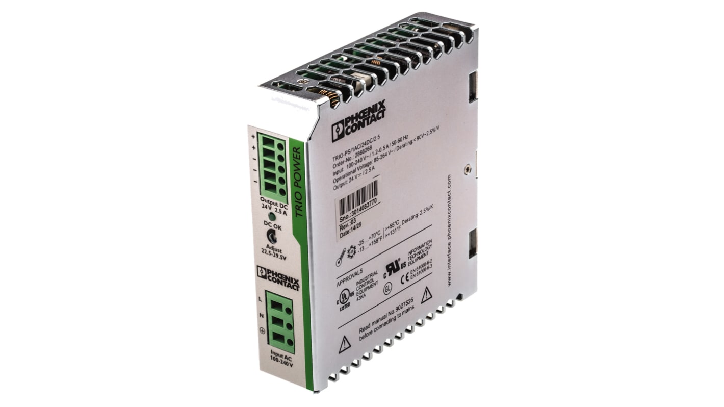 Phoenix Contact TRIO-PS/ 1AC/24DC/ 2.5 Switched Mode DIN Rail Power Supply, 85 → 264V ac ac Input, 24V dc dc