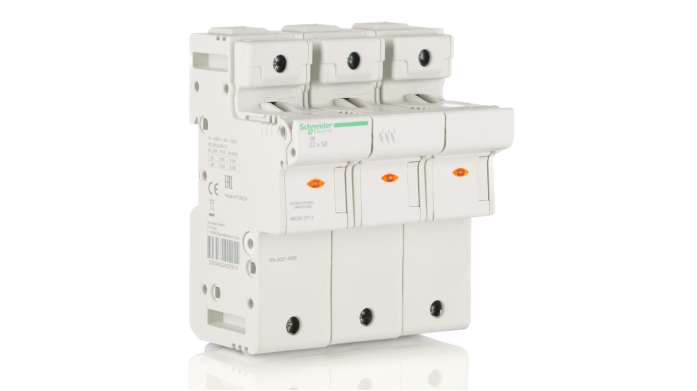 Schneider Electric 125A Rail Mount Fuse Holder for 22 x 58mm Fuse, 3P, 690V ac