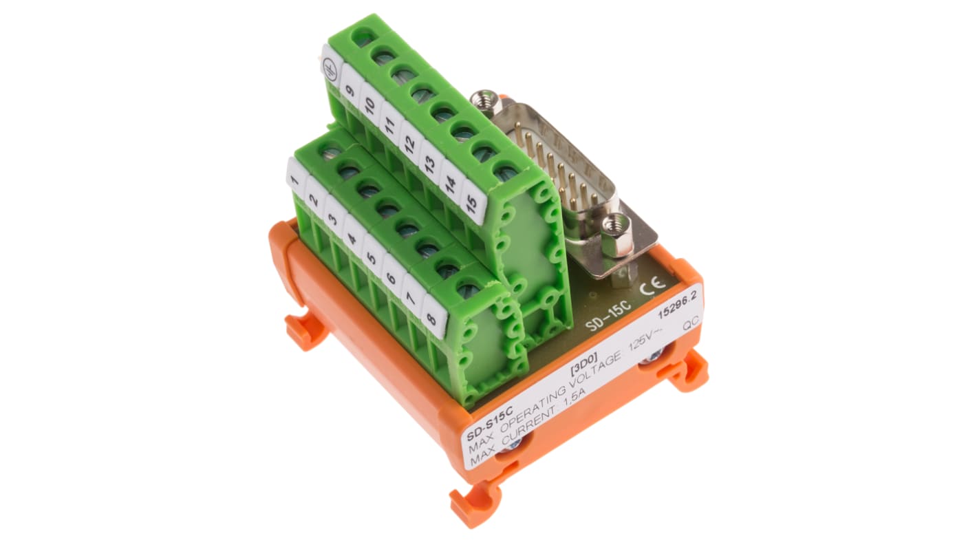 Module d'interface Sub-D 15 Contacts, Mâle, Montage sur Rail DIN