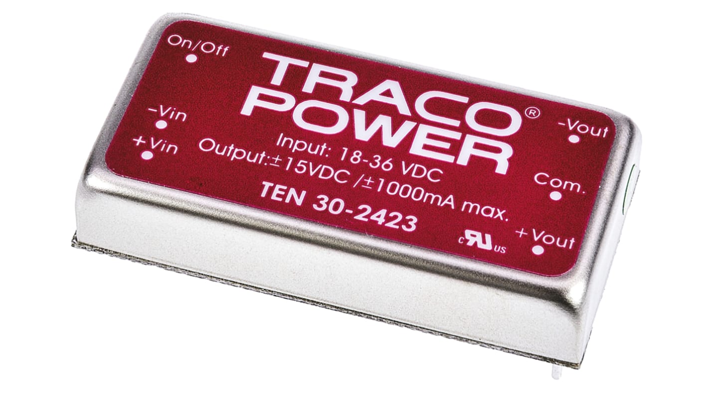 TRACOPOWER TEN 30 DC-DC Converter, ±15V dc/ ±1A Output, 18 → 36 V dc Input, 30W, Through Hole, +85°C Max Temp