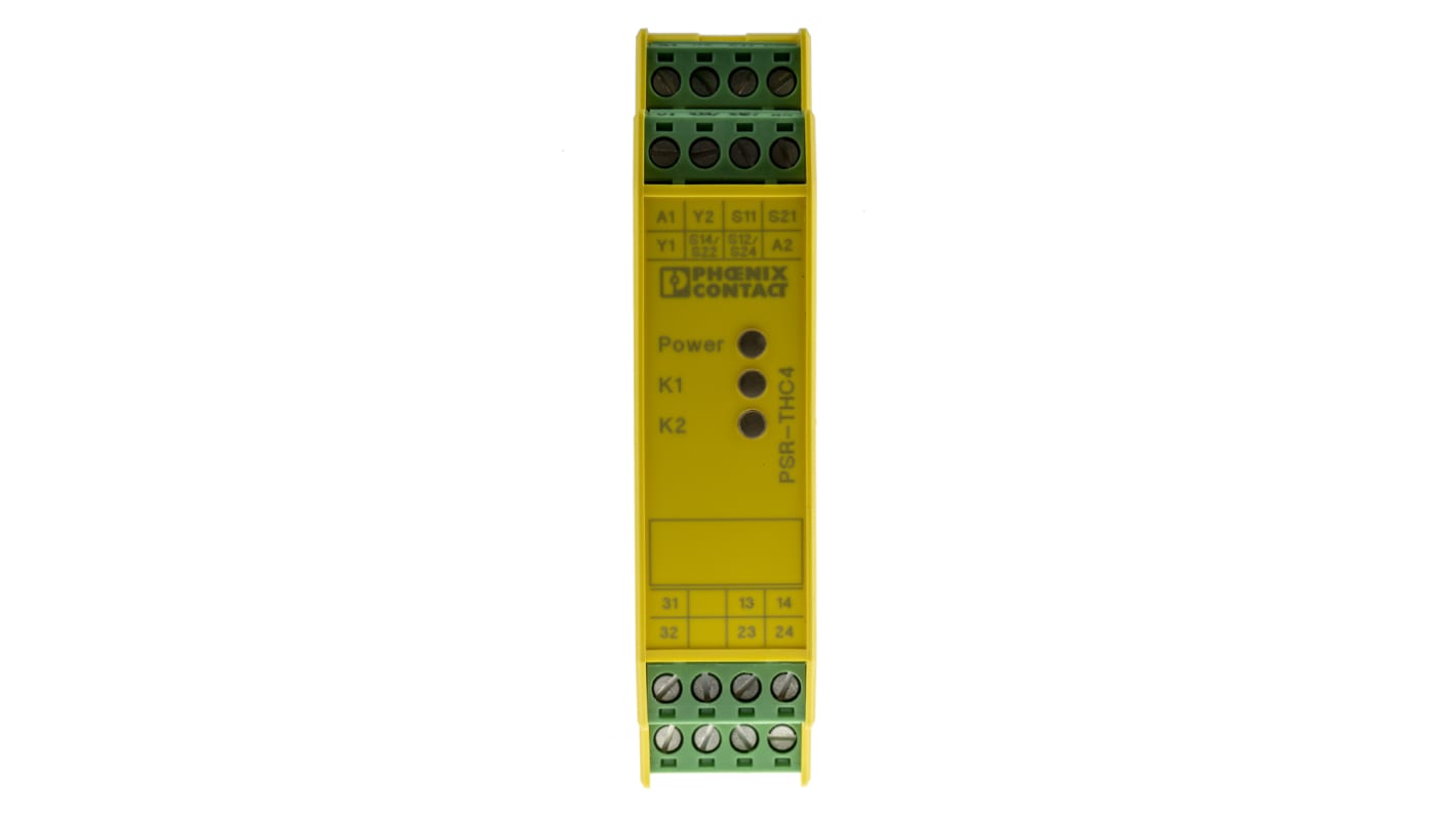 Relé de seguridad Phoenix Contact PSR-SCP- 24UC/THC4/2X1/1X2 de 2 canales, para Control con dos manos, 24V ac/dc, cat.