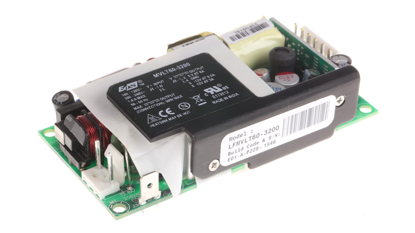 EOS Switching Power Supply, LFMVLT60-3200, 5 V dc, ±12 V dc, 3 A, 8 A ...