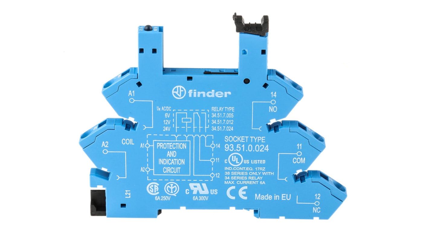 Support relais Finder série 93 5 contacts, Rail DIN, 12V c.a. / V c.c., pour 34.51