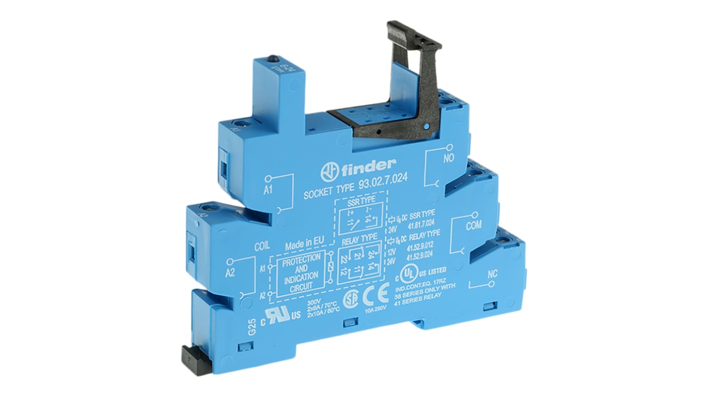 Finder 93 24V dc DIN Rail Relay Socket, for use with 38.62, 38.52 Series Relay