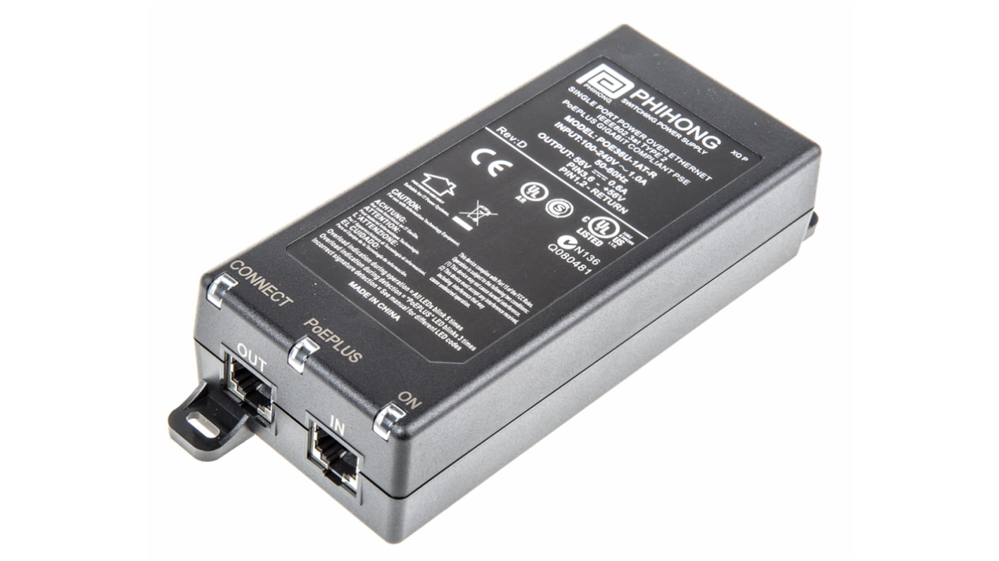 Phihong PoE Injektor 90 → 264V ac Input / 56V dc Output, 600mA 1 Port 33.6W, Tisch 140mm L. 65mm B. 36mm T.