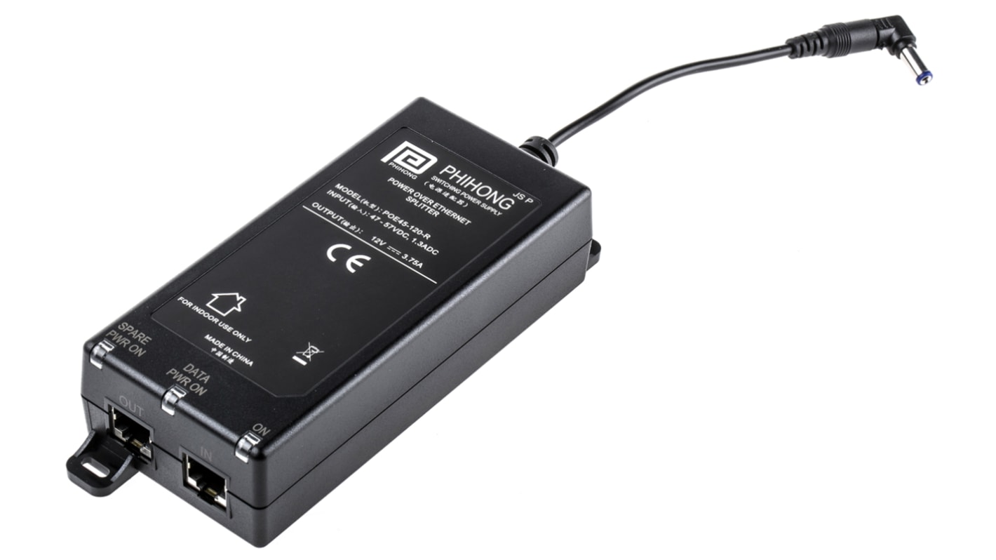 Phihong PoE-Splitter 47 → 57V dc Input / 12V dc Output, 3.75A 1 Port 45W, Tisch 163.75mm L. 85mm B. 36mm T.