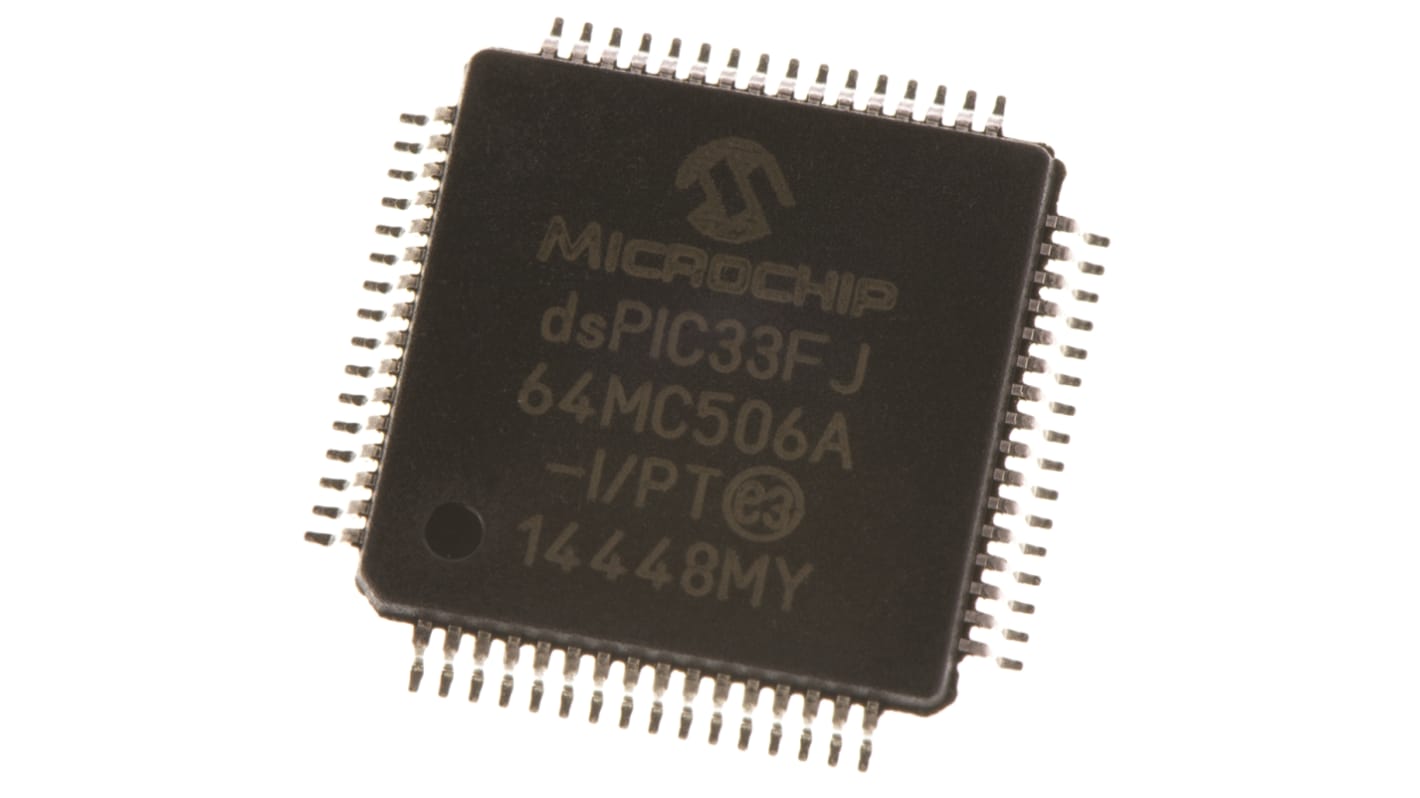 Microcontrolador Microchip DSPIC33FJ64MC506A-I/PT, núcleo dsPIC de 16bit, RAM 8 kB, 40MIPS, TQFP de 64 pines