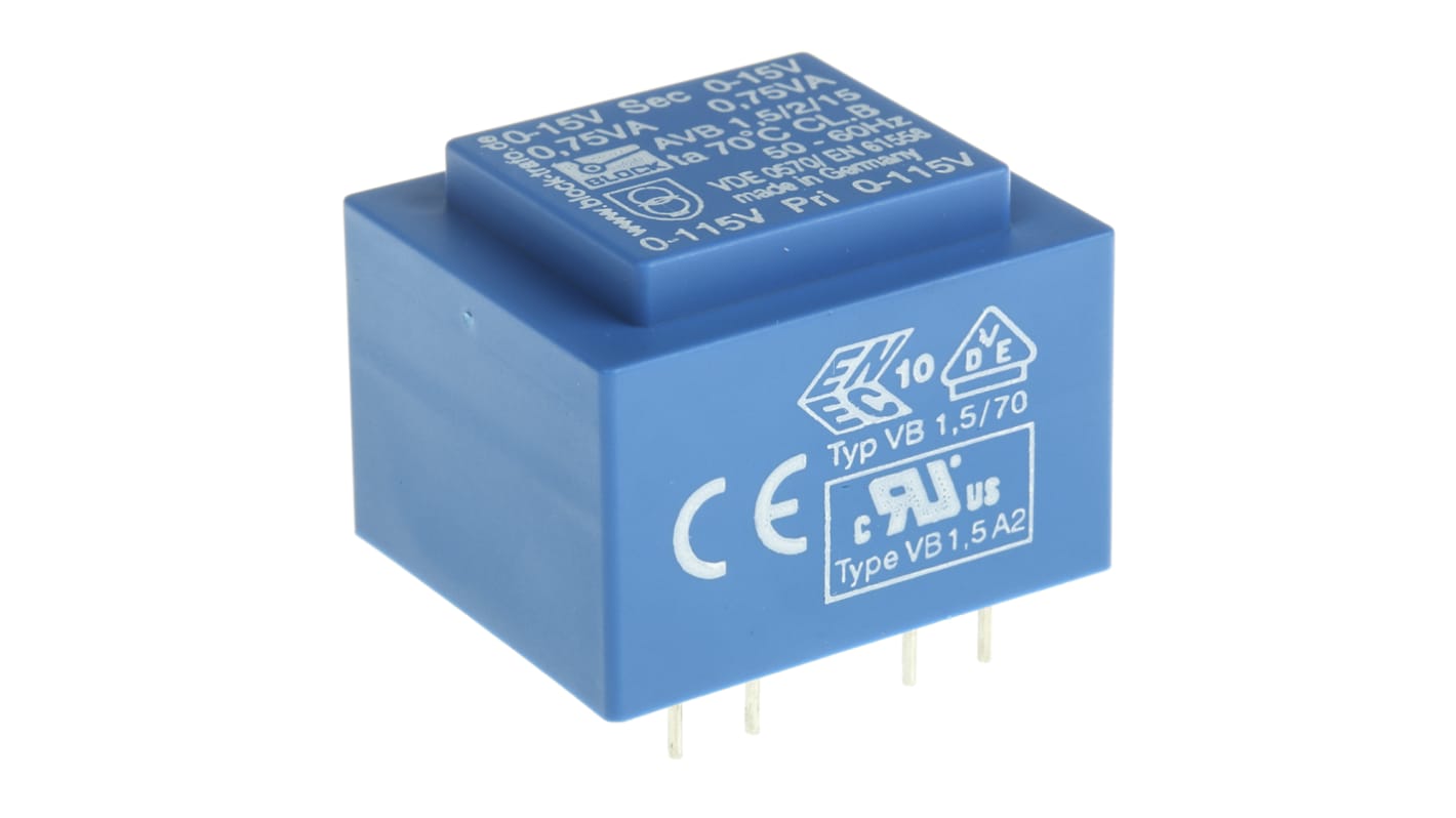 Trasformatore per PCB Block, 1.5VA, primario 115 V ac, 230 V ac, secondario 15V ca, 2 uscite