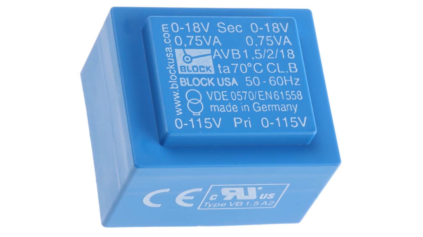 Transformador de PCB, 18V ac, 2 salidas , Agujero pasante, Potencia 1.5VA