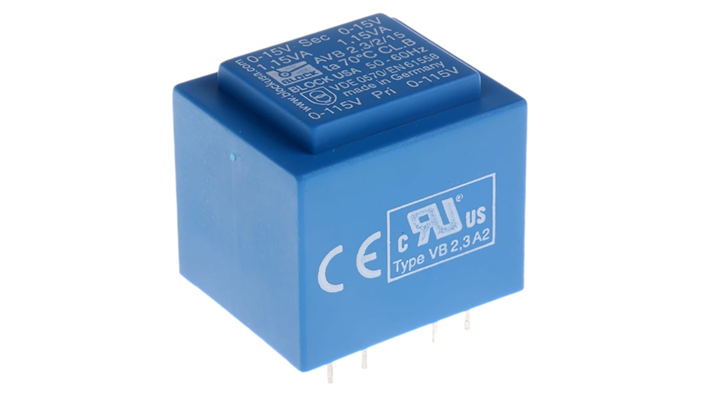 Transformateur pour circuit imprimé Block, 15V c.a., 115 V ac, 230 V ac, 2.3VA, 2 sorties