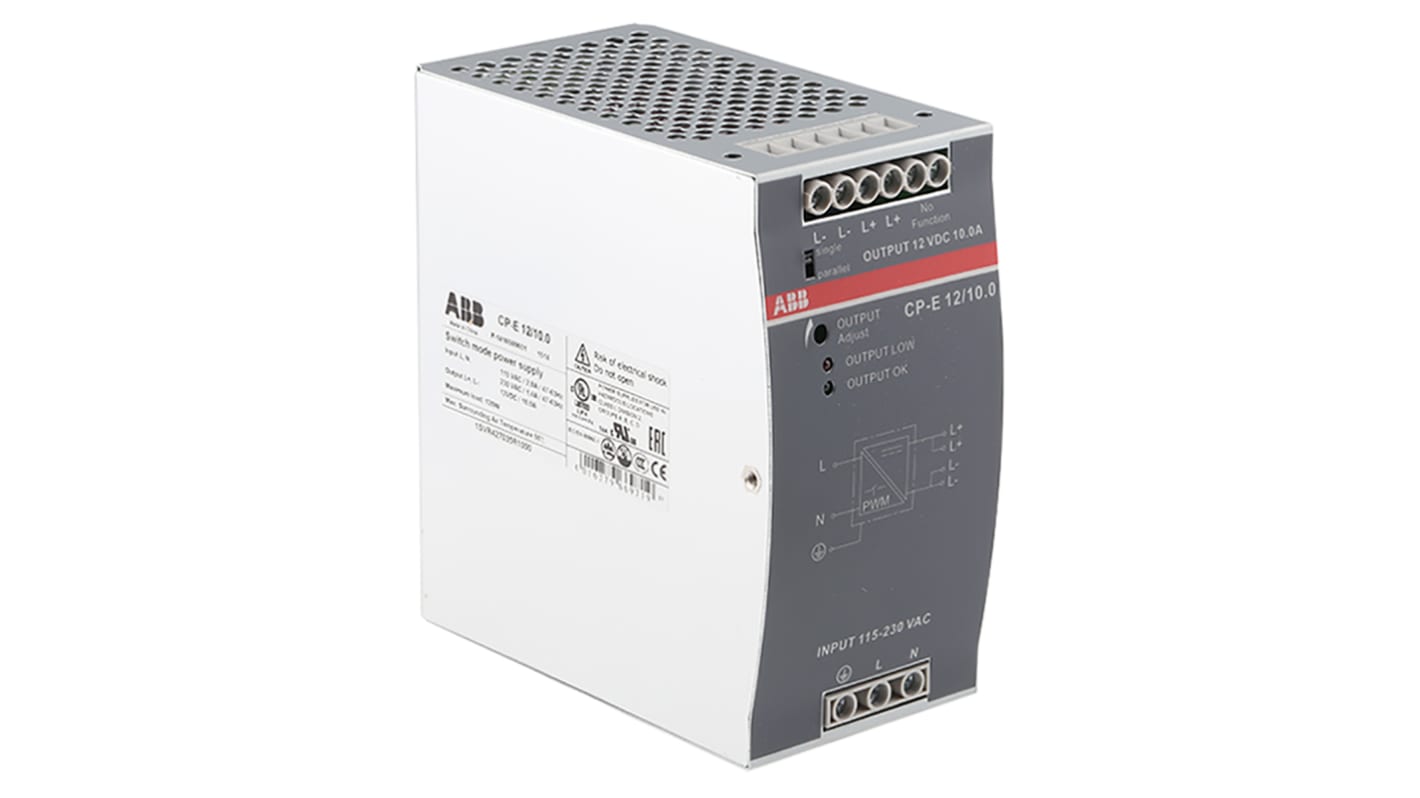 ABB CP-E Switch Mode DIN Rail Power Supply, 90 → 132V ac ac, dc Input, 12V dc dc Output, 10A Output, 120W
