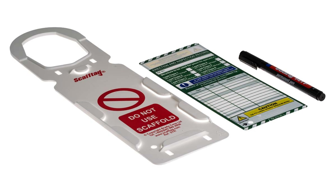 Etichetta per ponteggi ScaffTag Bianco su verde Inglese, Contenuto Kit Supporto x 10, inserto x 20, penna x 2