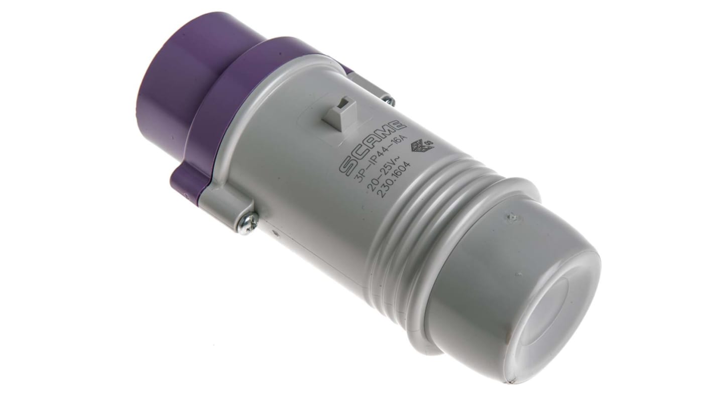 Conector de potencia industrial Macho, Formato 3P, Orientación Recto, Morado, 20 → 25 V., 16A, IP44