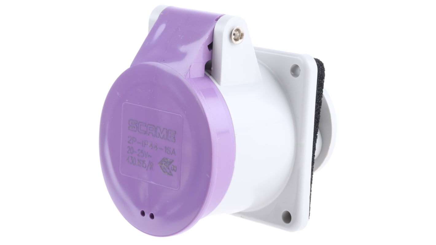 Scame IP44 Purple Panel Mount 2P Industrial Power Socket, Rated At 16A, 20 → 25 V