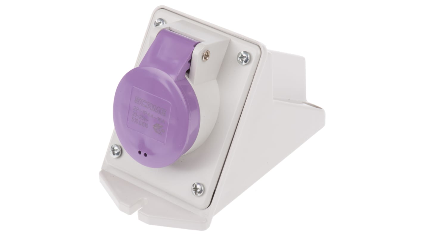 Scame IP44 Purple Wall Mount 2P Right Angle Industrial Power Socket, Rated At 16A, 20 → 25 V