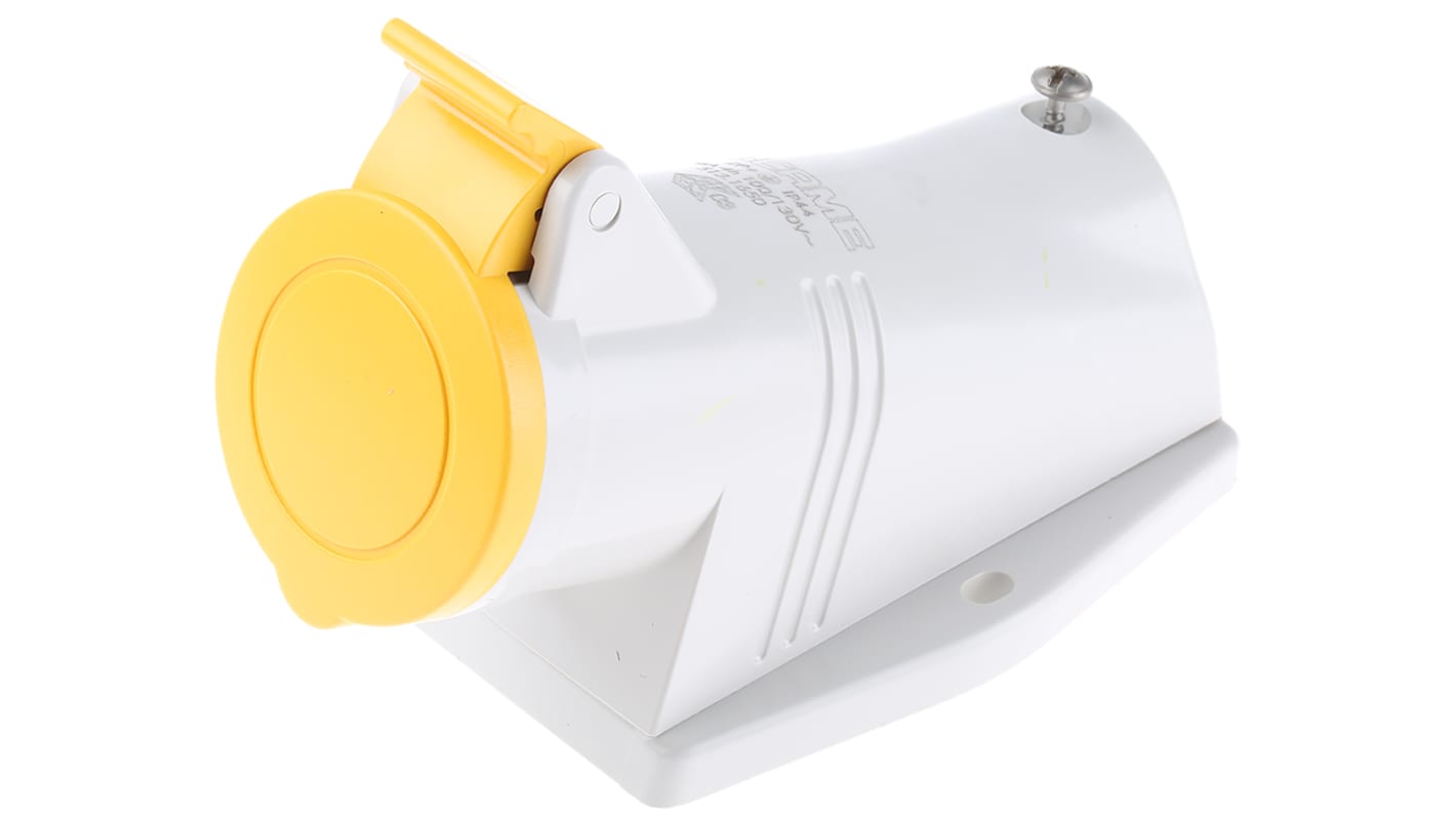 Scame IP44 Yellow Wall Mount 2P + E Right Angle Industrial Power Socket, Rated At 16A, 110 V