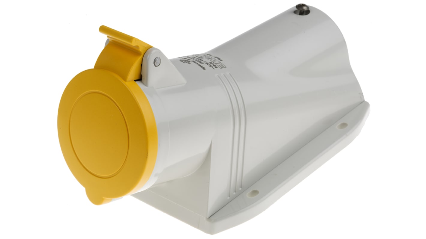 Scame IP44 Yellow Wall Mount 2P + E Right Angle Industrial Power Socket, Rated At 32A, 110 V