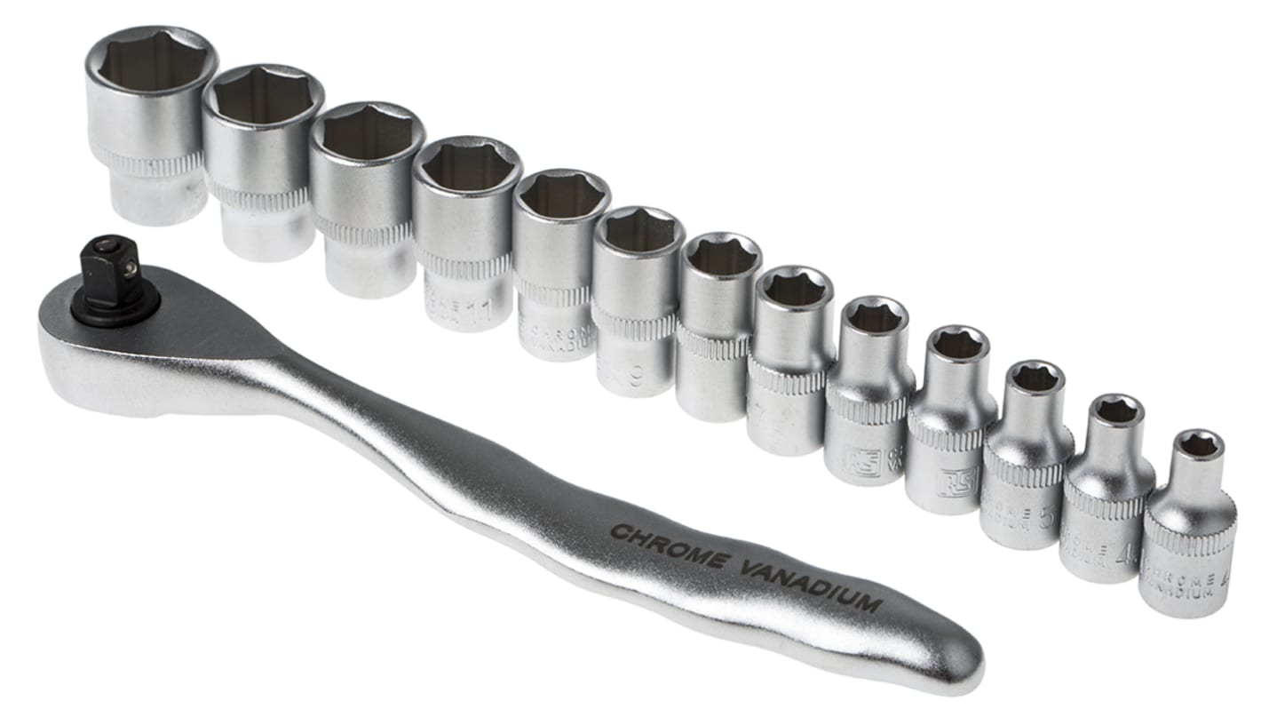 RS PRO 14-Piece Metric 1/4 in Standard Socket Set with Ratchet, 6 point