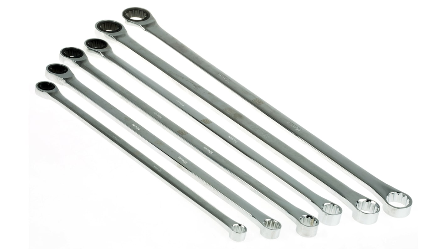 RS PRO 6-Piece Ratchet Spanner Set, 10 x -291.4 +/-5; 12 x 327.8 +/-5; 13 x 366.3 +/- 5; 14 x 367 +/- 5; 17 x 406.8 +/-