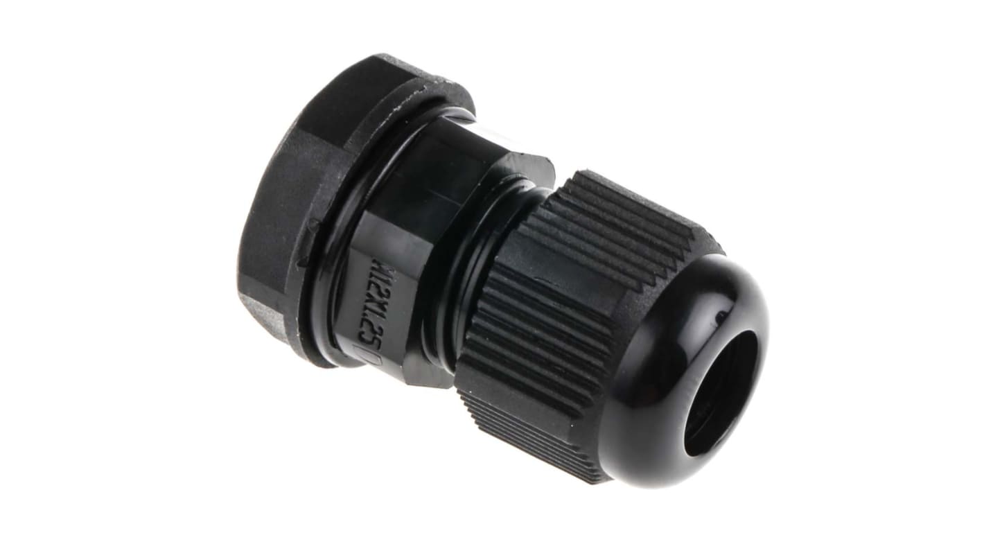 RS PRO Black Nylon Cable Gland, M12 Thread, 3mm Min, 6.5mm Max, IP68