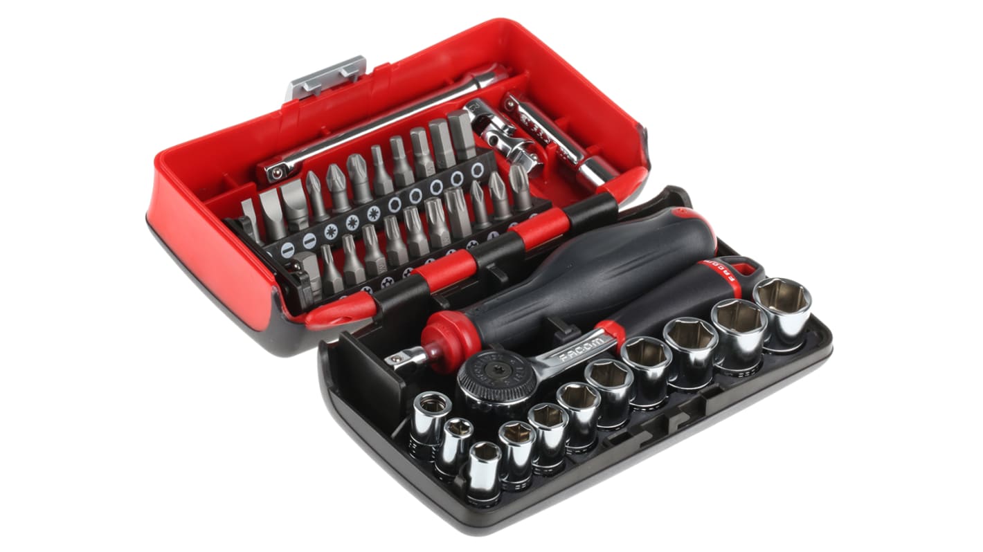 Facom 38-Piece Metric 1/4 in Standard Socket/Bit Set with Ratchet, 6 point; Hex Bit; Phillips Bit; Pozidriv Bit;