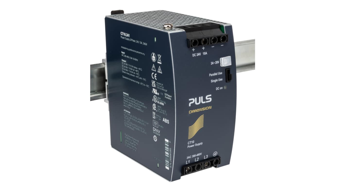 PULS DIN-sín tápellátás, BE: 380 → 480V ac, 1 kimenet, 24V dc, 10A, 240W