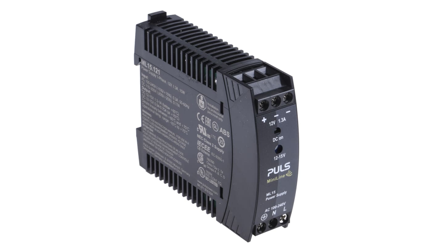 PULS MiniLine MLY Switched Mode DIN Rail Power Supply, 100 → 240V ac ac Input, 12V dc dc Output, 1.3A Output, 15W