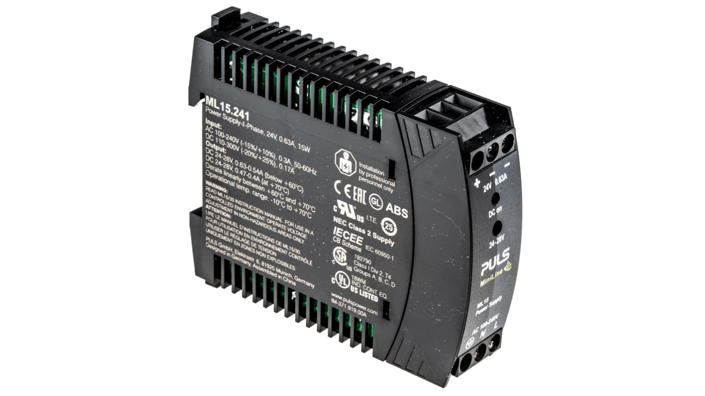 Alimentation pour rail DIN PULS, série MiniLine MLY, 24V c.c.out 630mA, 100 → 240V c.a.in, 15W