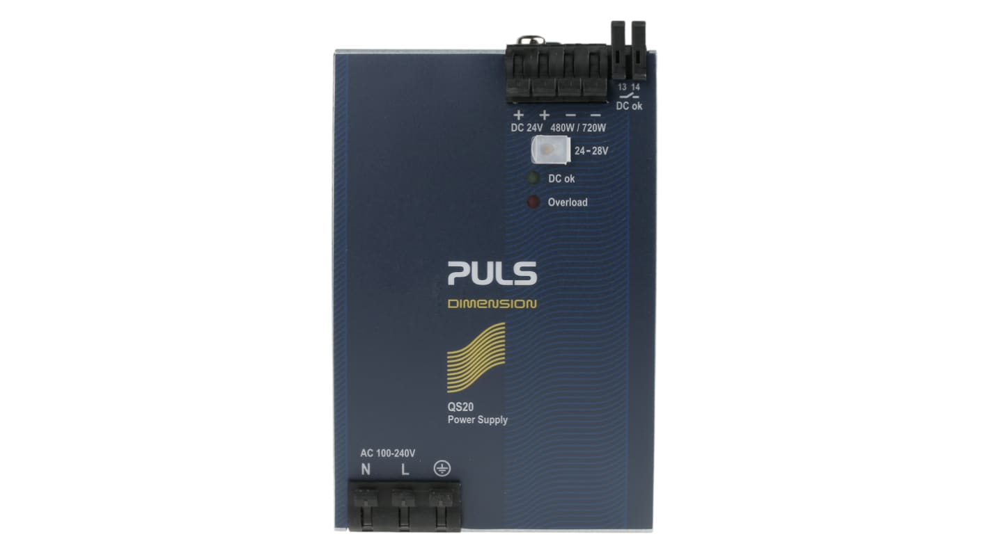 PULS DIN-sín tápellátás, BE: 100 → 240V ac, 1 kimenet, 24V dc, 20A, 480W