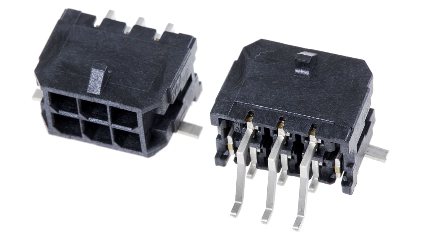Conector macho para PCB Ángulo de 90° Molex serie Micro-Fit 3.0 de 6 vías, 2 filas, paso 3.0mm, para soldar, Montaje