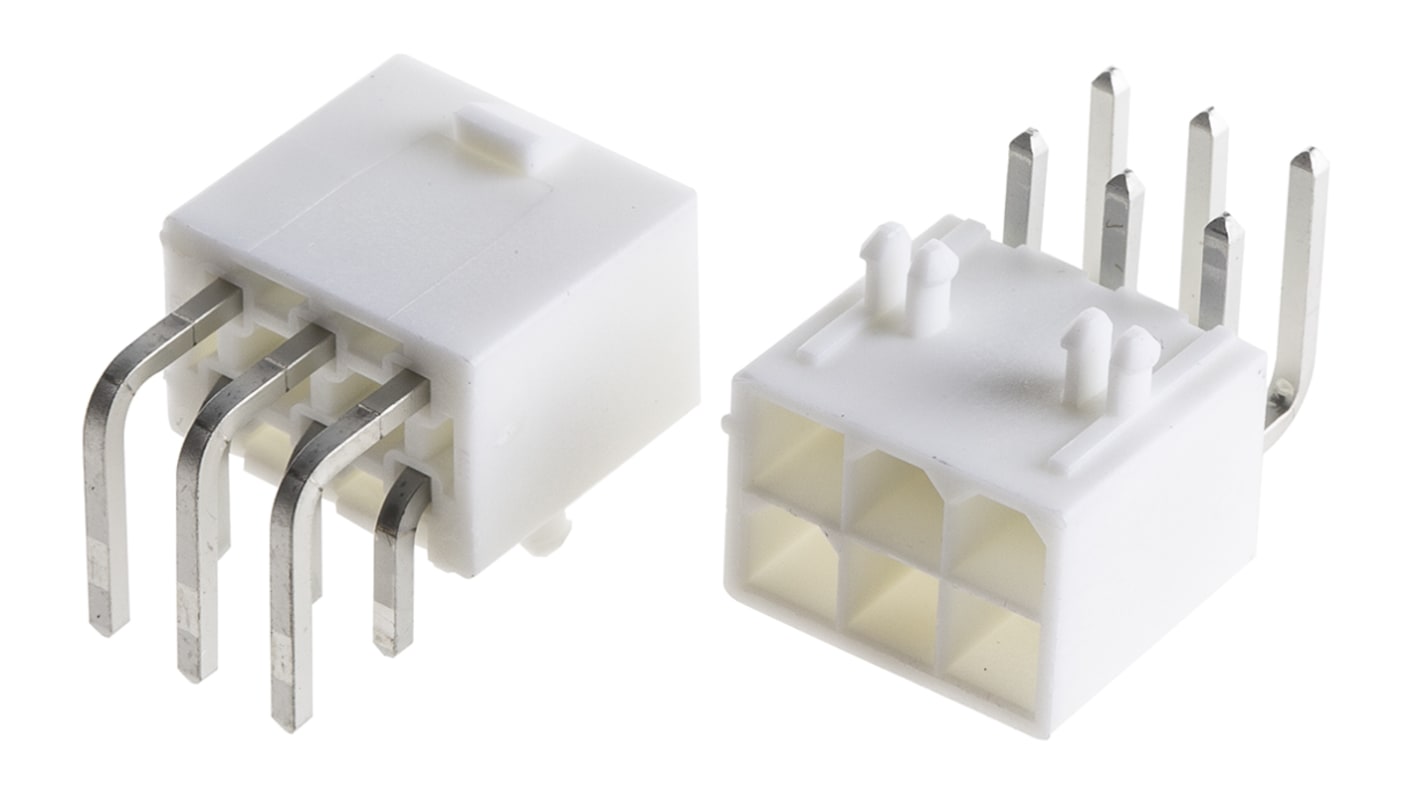 Conector macho para PCB Ángulo de 90° Molex serie Mini-Fit Jr. de 6 vías, 2 filas, paso 4.2mm, para soldar, Montaje en