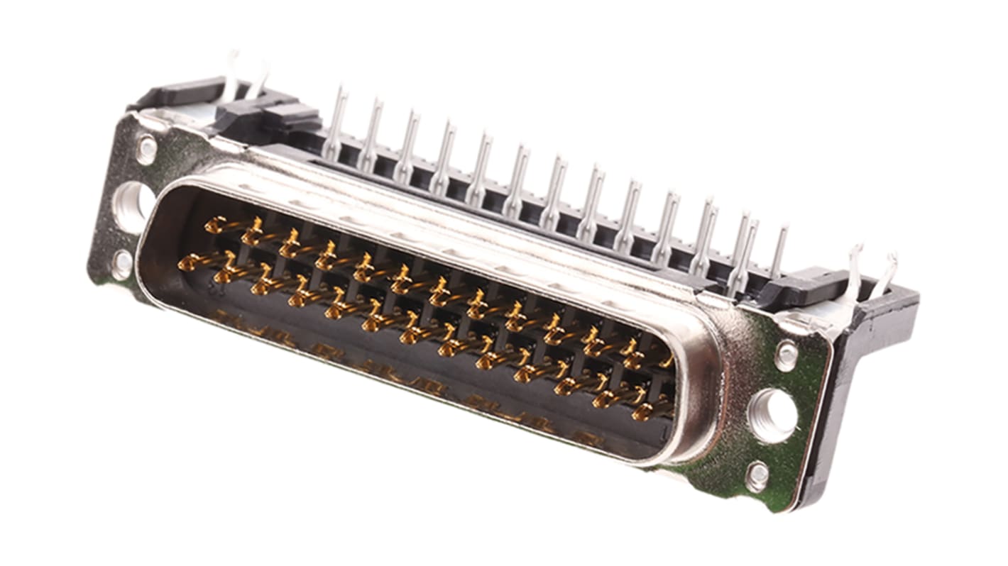 Harting 25 Way Right Angle Through Hole D-sub Connector Plug, 2.76mm Pitch, with Boardlocks, M3 Threaded Inserts