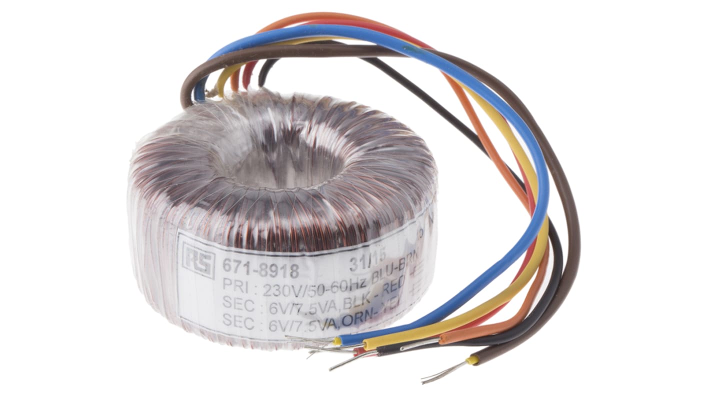 Transformador toroidal RS PRO, Tensión 2 x 6V ac, Potencia 15VA, 2 salidas