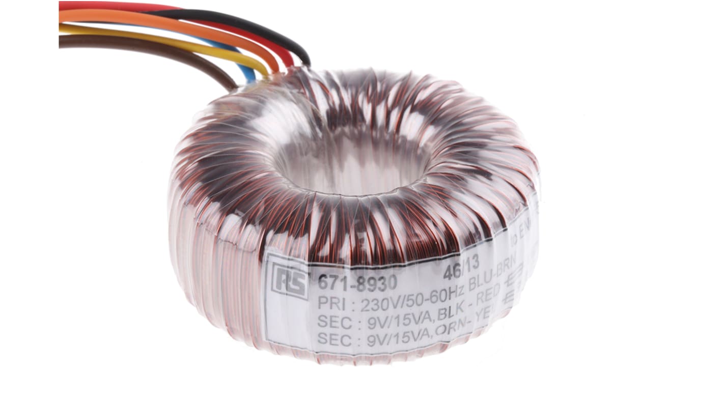 Transformador toroidal RS PRO, Tensión 2 x 9V ac, Potencia 30VA, 2 salidas