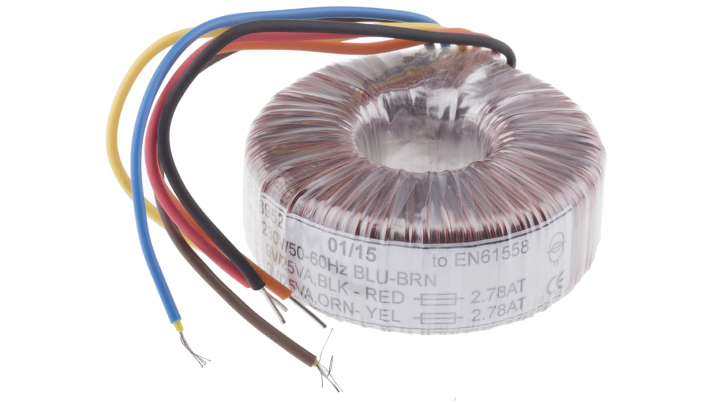 RS PRO 230V ac, 2 x 9V ac Toroidal Transformer, 50VA 2 Output