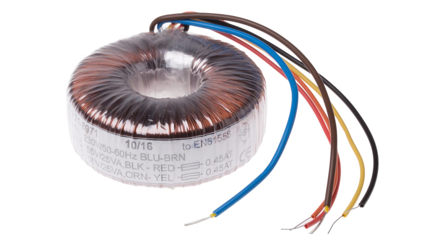 Transformador toroidal RS PRO, Tensión 2 x 55V ac, Potencia 50VA, 2 salidas