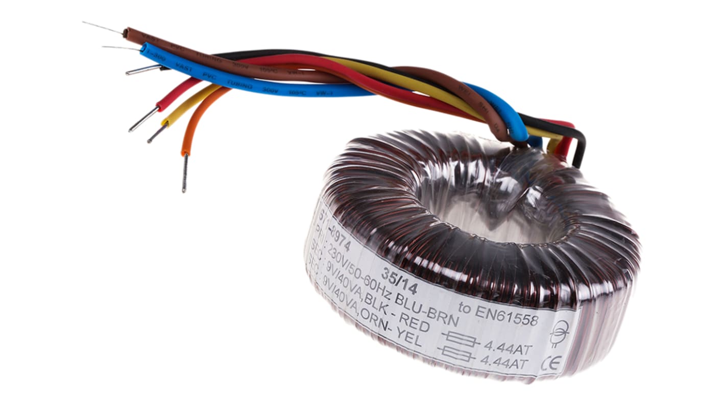 Transformador toroidal RS PRO, Tensión 2 x 9V ac, Potencia 80VA, 2 salidas