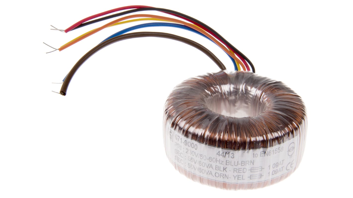 Transformador toroidal RS PRO, Tensión 2 x 55V ac, Potencia 120VA, 2 salidas