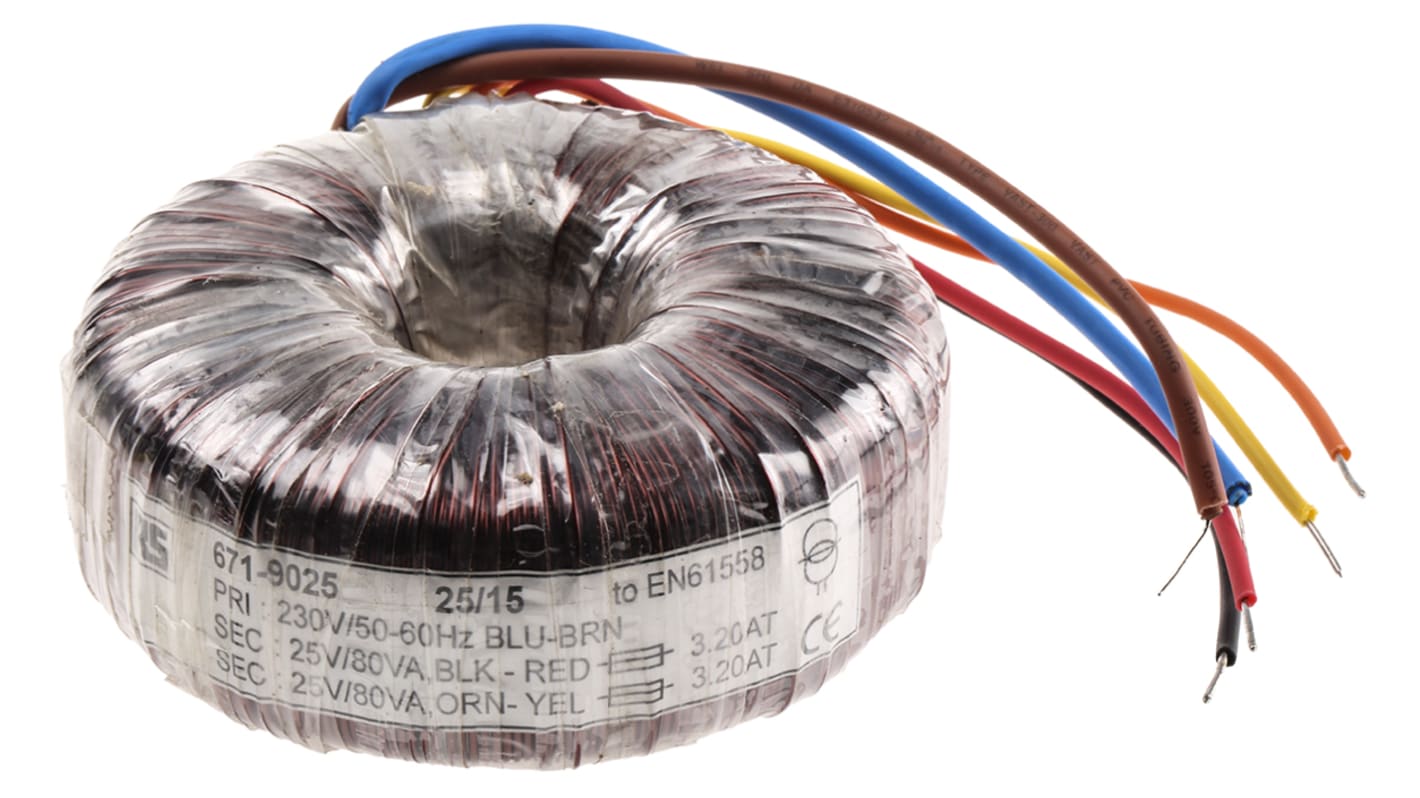 Transformador toroidal RS PRO, Tensión 2 x 25V ac, Potencia 160VA, 2 salidas