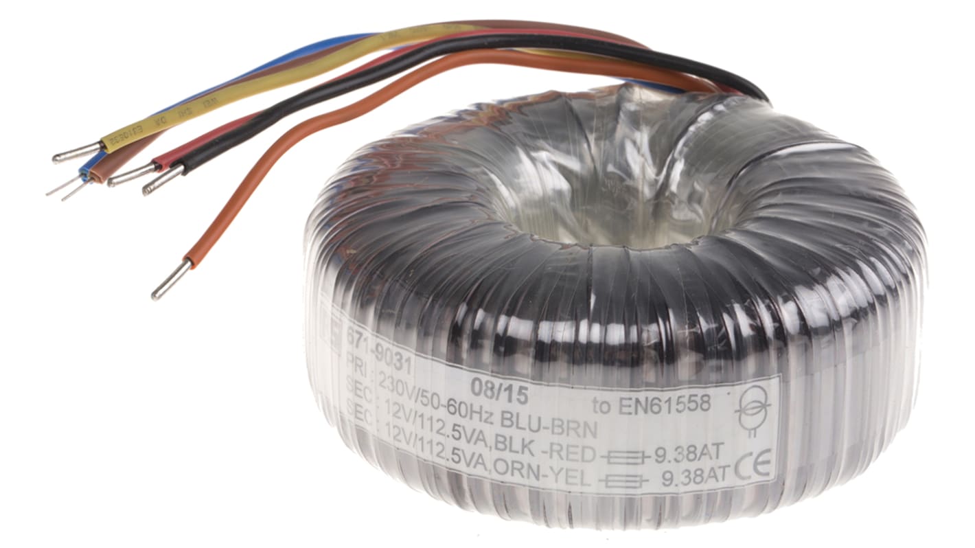 Transformador toroidal RS PRO, Tensión 2 x 12V ac, Potencia 225VA, 2 salidas