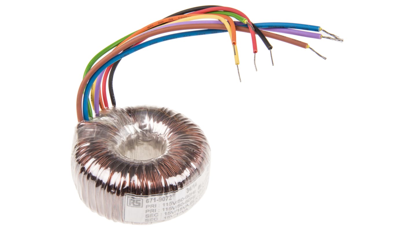 Transformador toroidal RS PRO, Tensión 2 x 15V ac, Potencia 30VA, 2 salidas