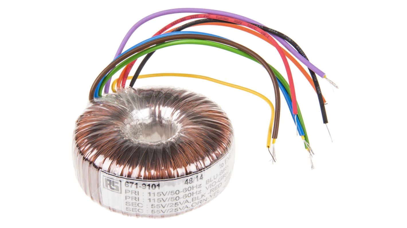 RS PRO 115 V ac, 230 V ac, 2 x 55V ac Toroidal Transformer, 50VA 2 Output