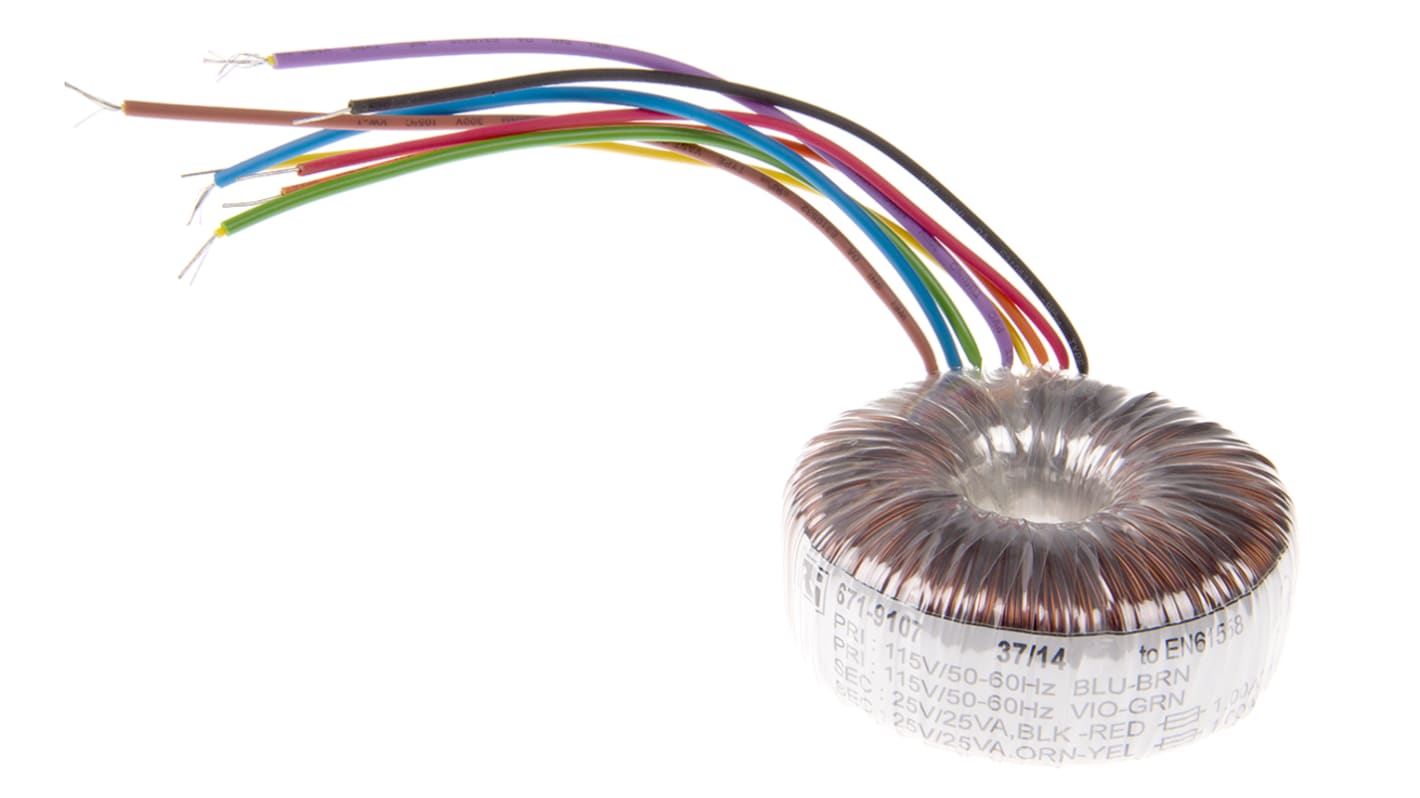 Transformador toroidal RS PRO, Tensión 2 x 25V ac, Potencia 50VA, 2 salidas