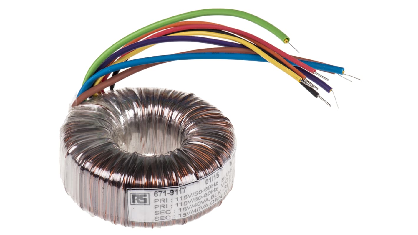 Transformador toroidal RS PRO, Tensión 2 x 15V ac, Potencia 80VA, 2 salidas